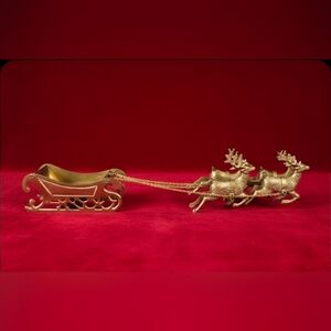 Vintage Christmas Brass Sled Sleigh w/ 4 Reindeer Hong Kong